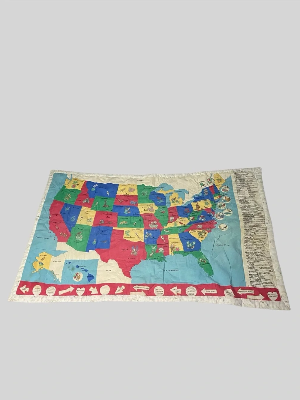 Vintage United States Wall Hanging Quilt Map State Flower/Bird Classroom Decor